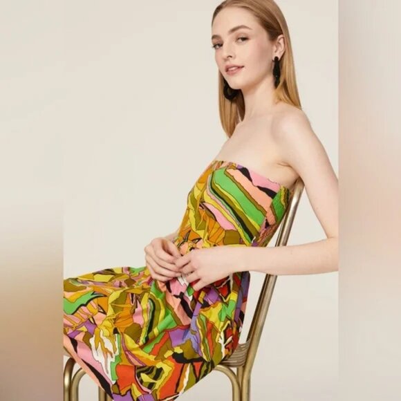 S/W/F Birds of Paradise strapless abstract cotton babydoll tropical Mini Dress M - Picture 6 of 13